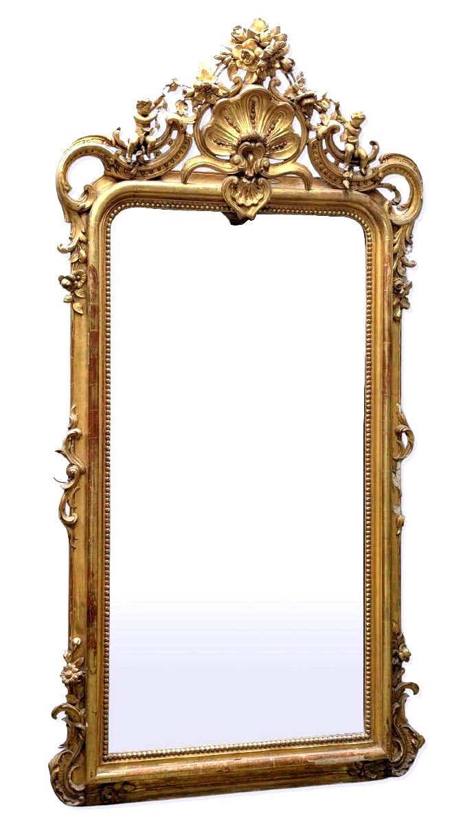 Napoleon III Mirror In Wood And Gilded Stucco With Putti Decor 