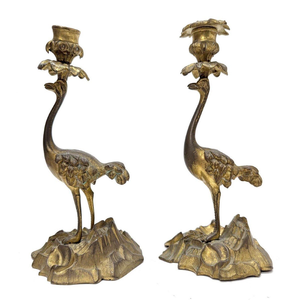 Pair Of 19th Century Gilt Bronze Ostrich Candlesticks  -photo-2