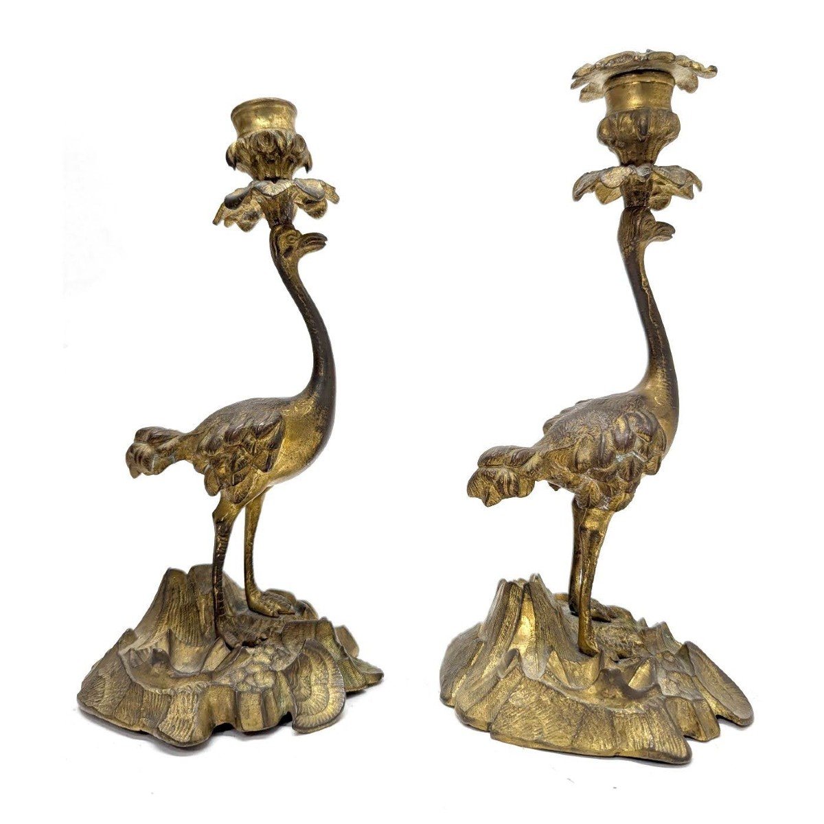 Pair Of 19th Century Gilt Bronze Ostrich Candlesticks  -photo-4