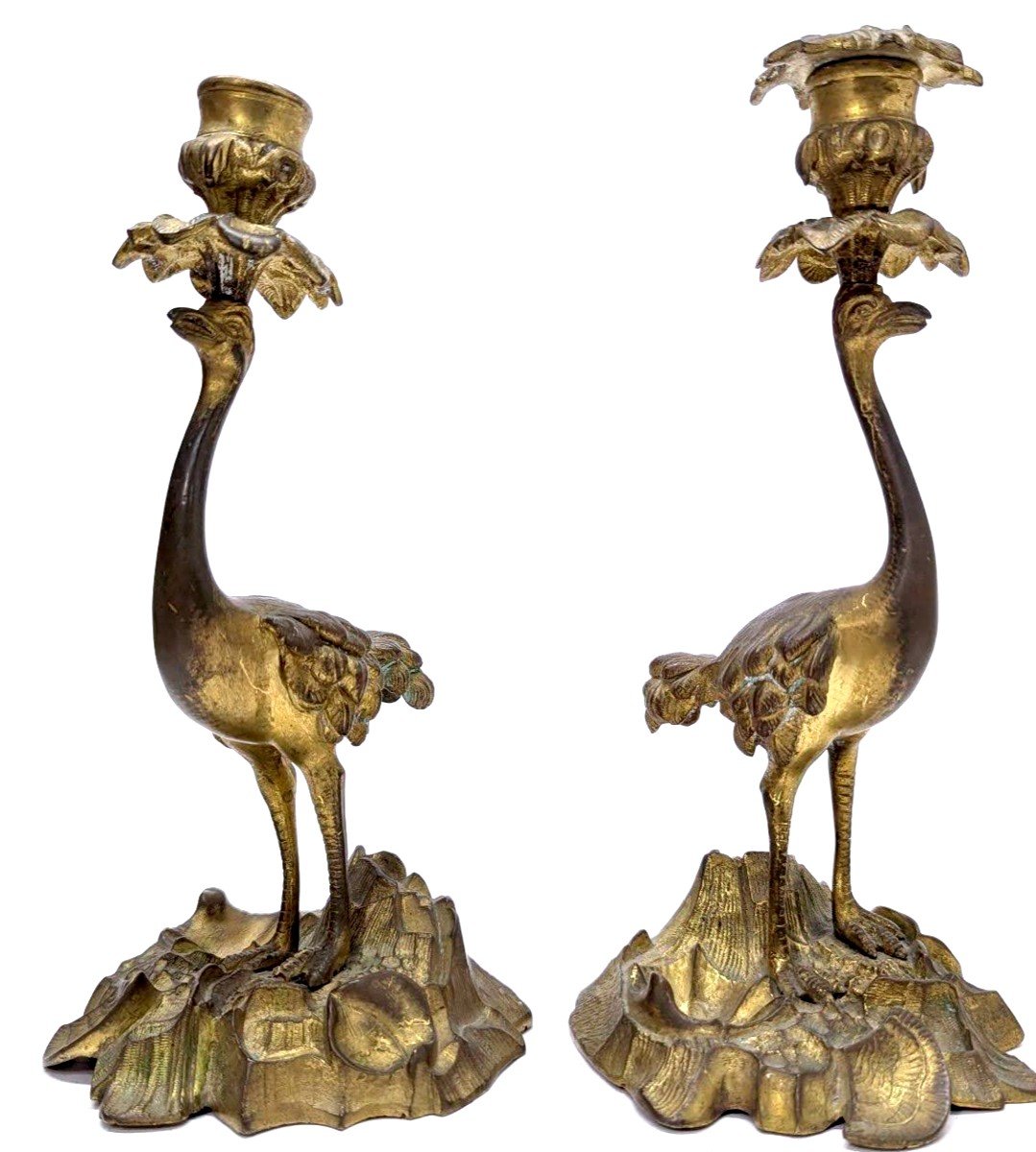 Pair Of 19th Century Gilt Bronze Ostrich Candlesticks  