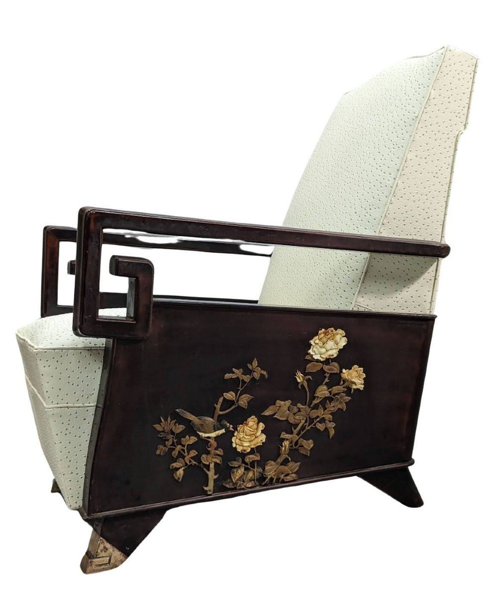 Paire De Fauteuils Années 40 Dans l'Esprit Asiatique Incrustations De Décor Asiatiques  -photo-6