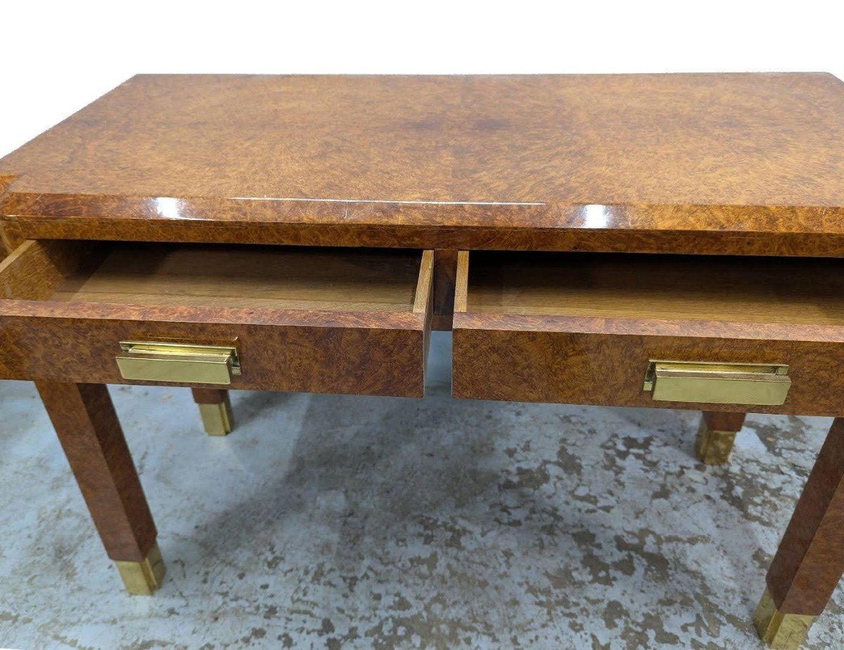 Art Deco Console Desk In Amboyna Burl With Brass Handles And Shoes -photo-1