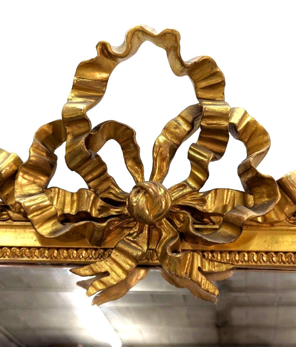 Grand Miroir En Bois Et Stuc Doré à l'Or De Style Louis XVI Glace Biseauté XIXème -photo-4