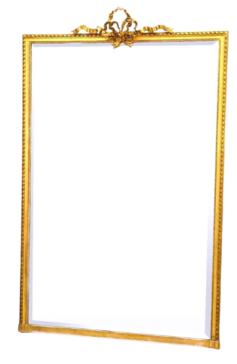 Grand Miroir En Bois Et Stuc Doré à l'Or De Style Louis XVI Glace Biseauté XIXème 