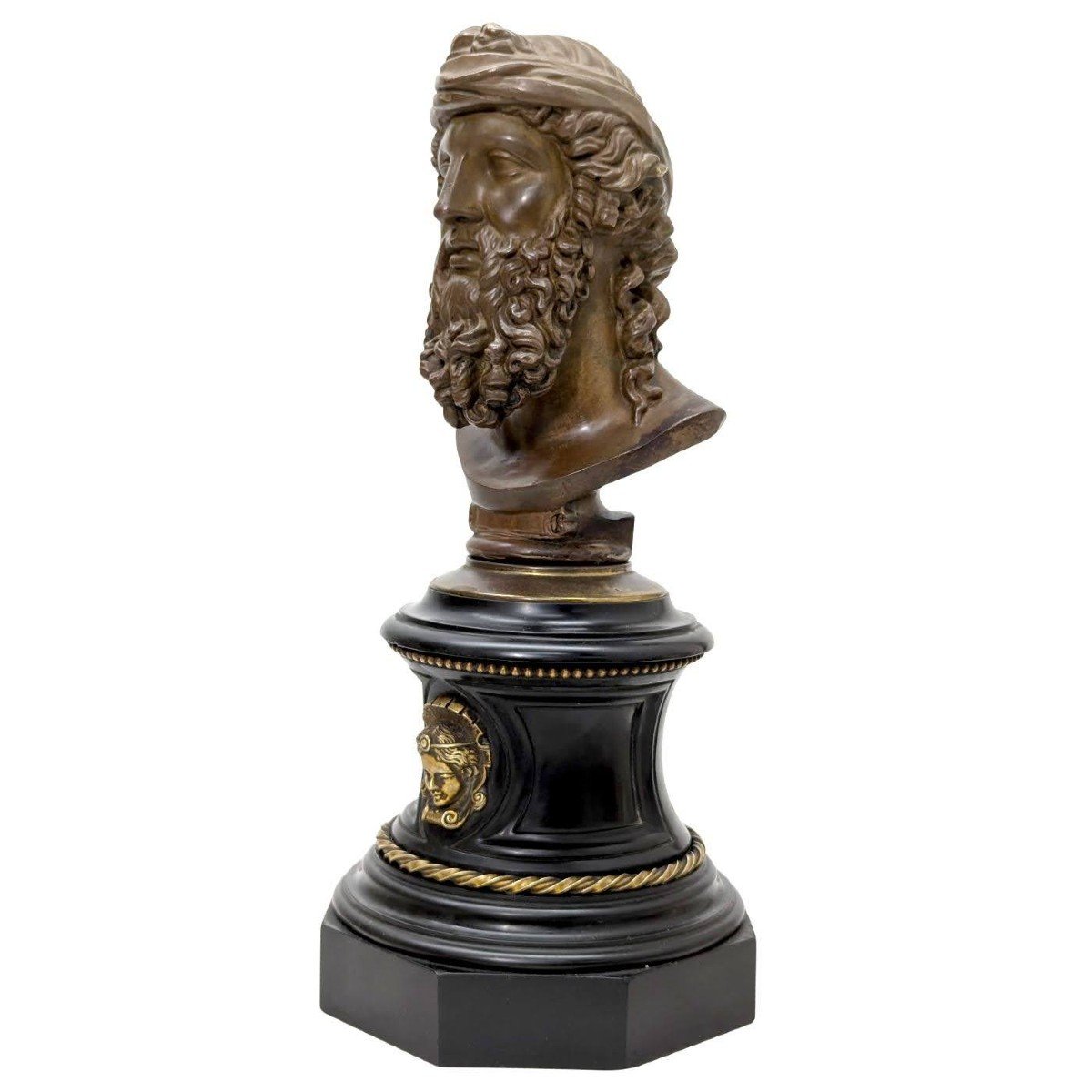 "tête De Personnage En Bronze à l'Antique Sur Socle De Marbre Noir, époque  XIXème  -photo-3