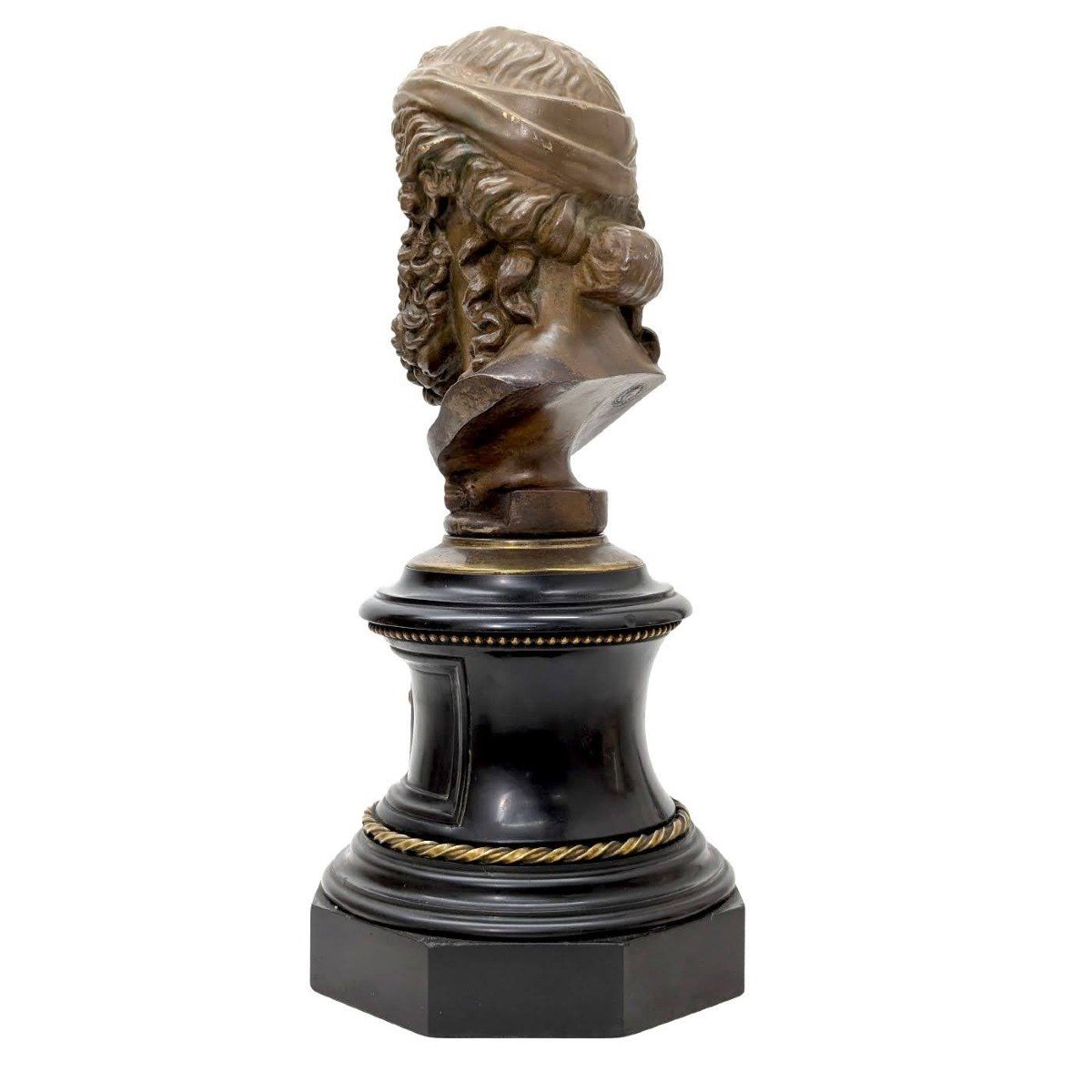 "tête De Personnage En Bronze à l'Antique Sur Socle De Marbre Noir, époque  XIXème  -photo-1