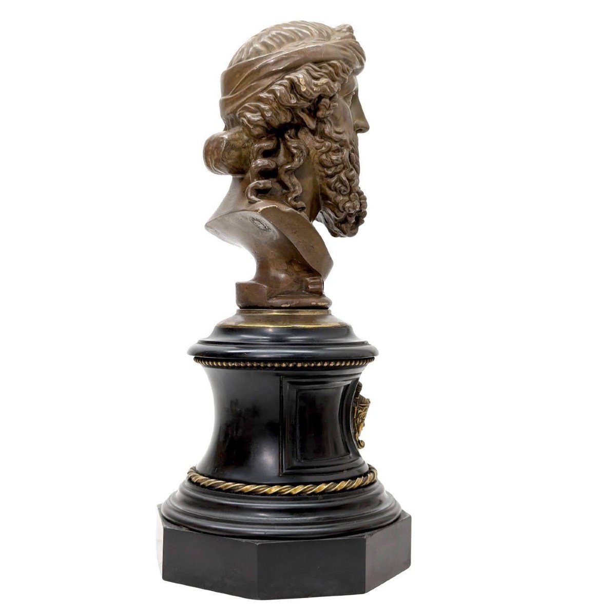 "tête De Personnage En Bronze à l'Antique Sur Socle De Marbre Noir, époque  XIXème  -photo-3