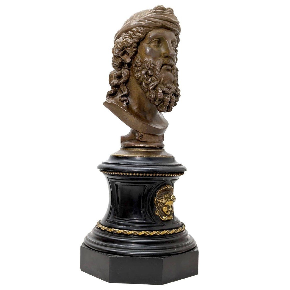 "tête De Personnage En Bronze à l'Antique Sur Socle De Marbre Noir, époque  XIXème  -photo-4