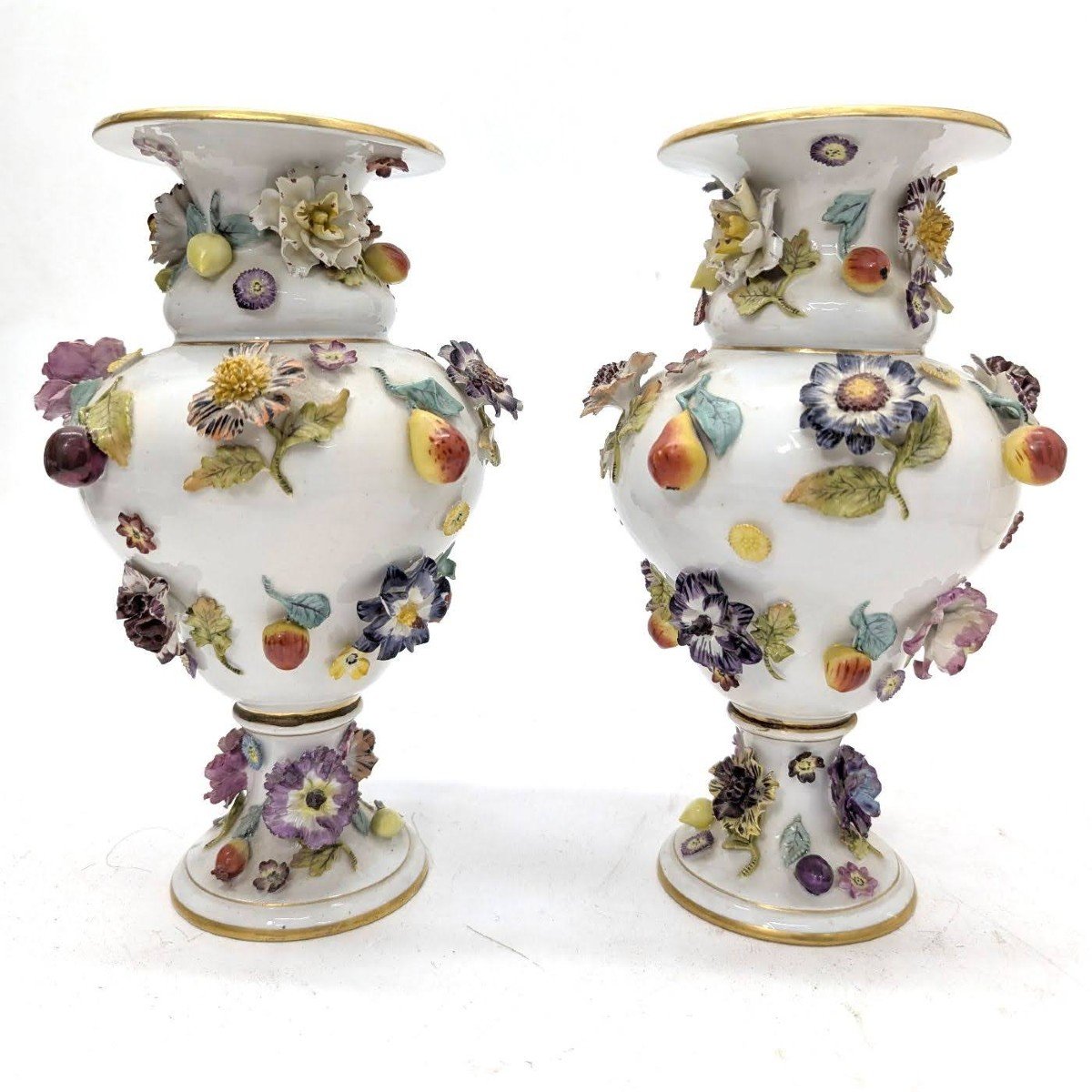 19th Century Saxon Porcelain Flower And Fruit Vases (pair)  -photo-2