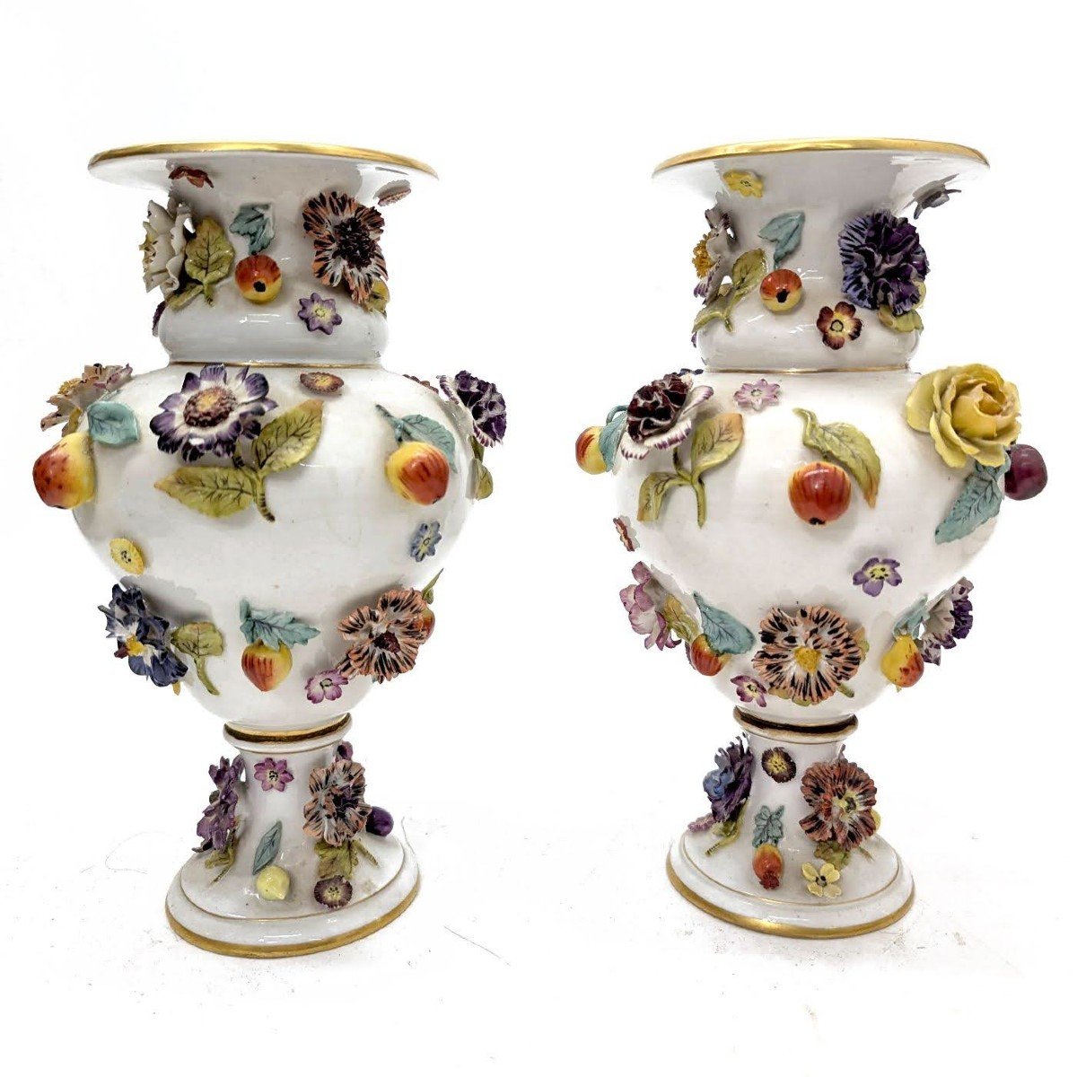 19th Century Saxon Porcelain Flower And Fruit Vases (pair)  -photo-1