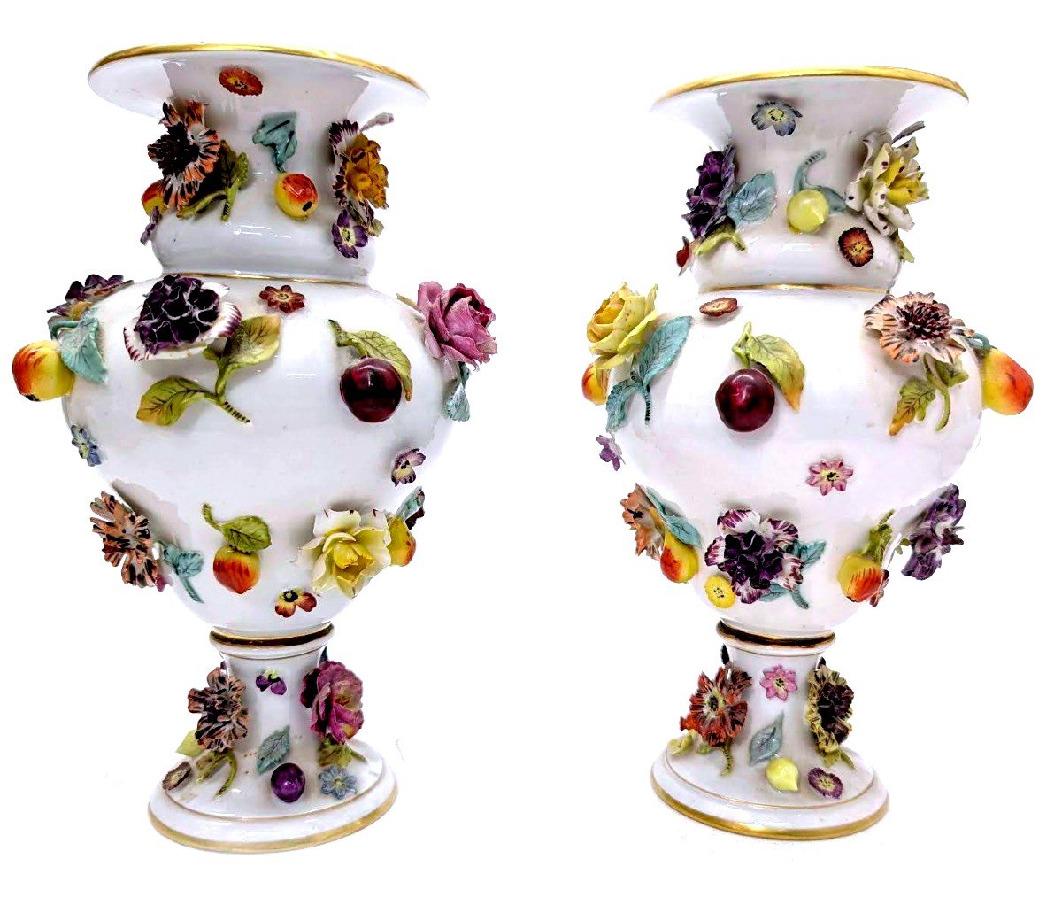 19th Century Saxon Porcelain Flower And Fruit Vases (pair)  