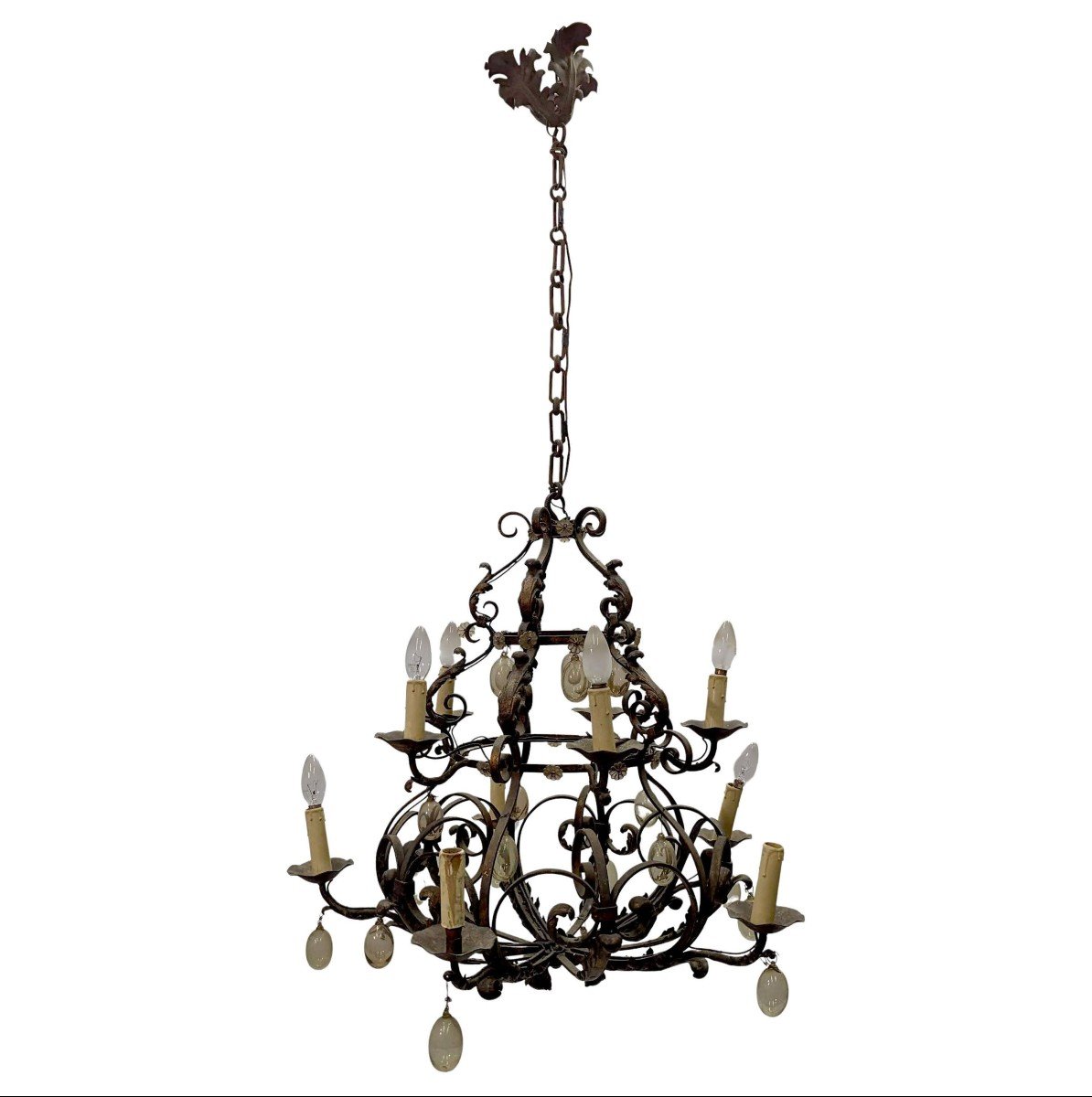 Wrought Iron And Blown Glass Chandelier, Early 20th Century  -photo-3