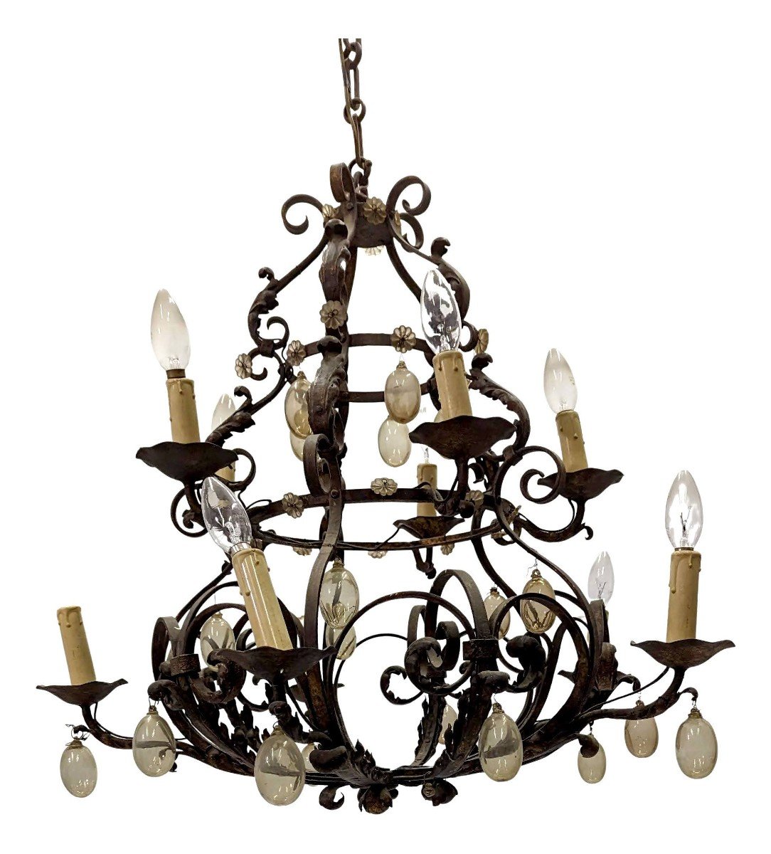 Wrought Iron And Blown Glass Chandelier, Early 20th Century  -photo-4