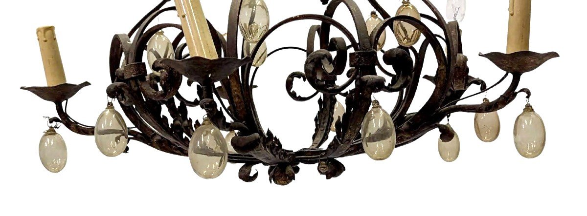 Wrought Iron And Blown Glass Chandelier, Early 20th Century  -photo-1