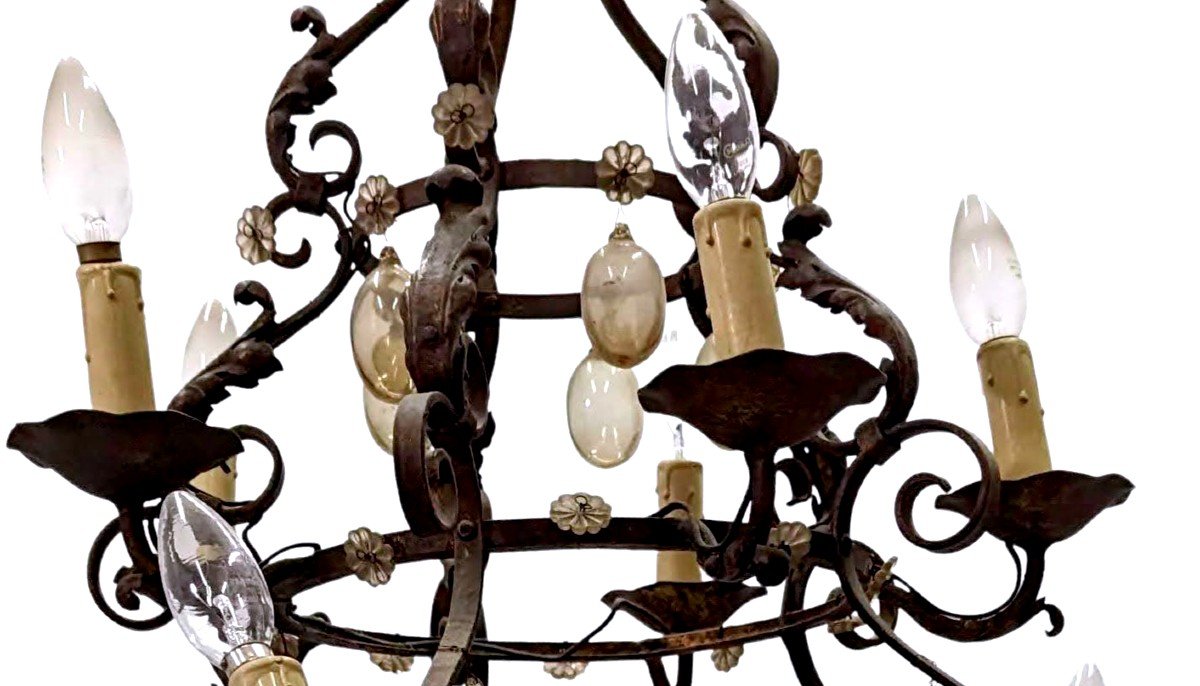 Wrought Iron And Blown Glass Chandelier, Early 20th Century  -photo-2