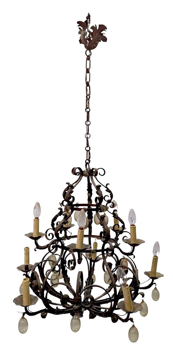 Wrought Iron And Blown Glass Chandelier, Early 20th Century  