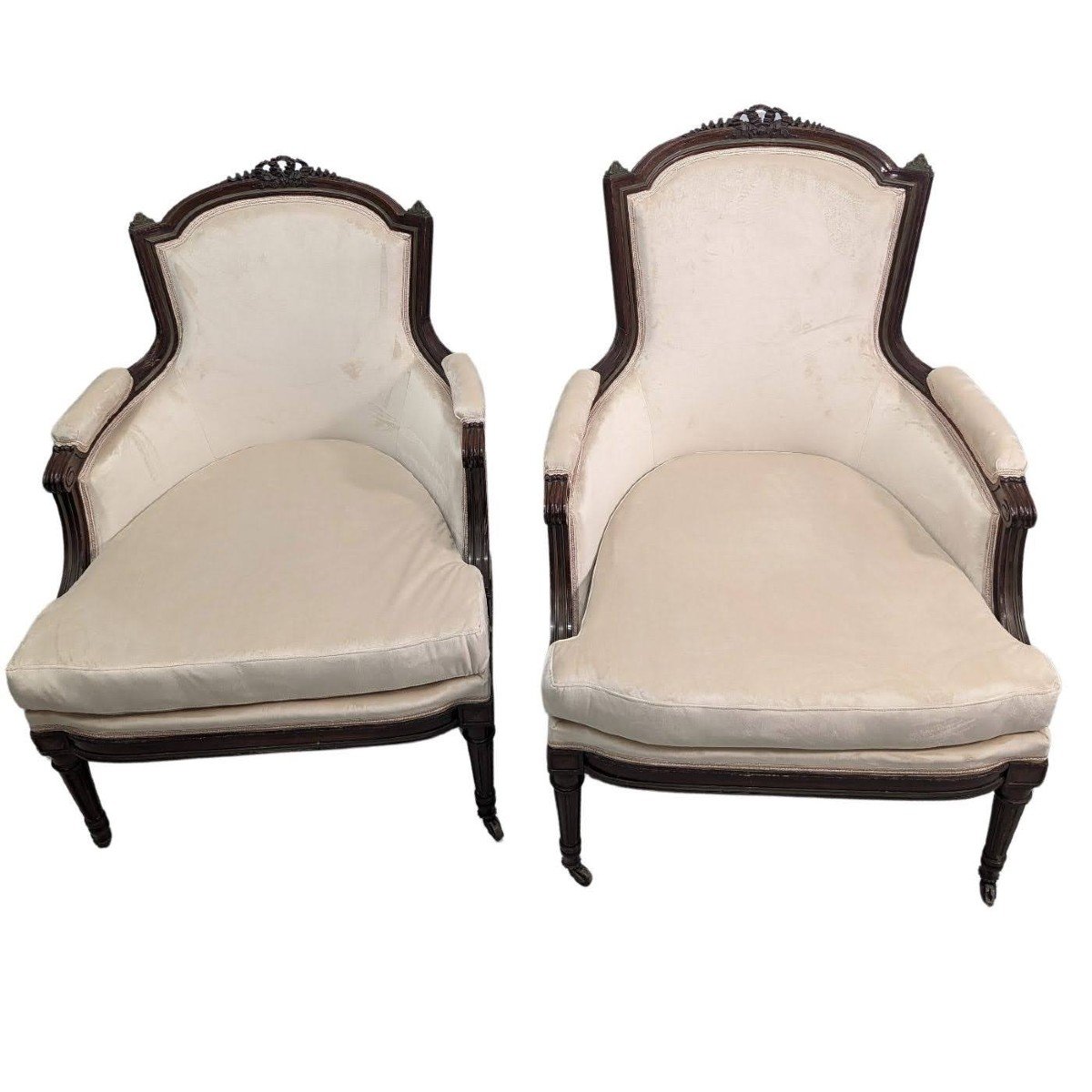 Pair Of Louis XVI Style Bergeres In Mahogany Velvet Reupholstered Late 19th Century -photo-2