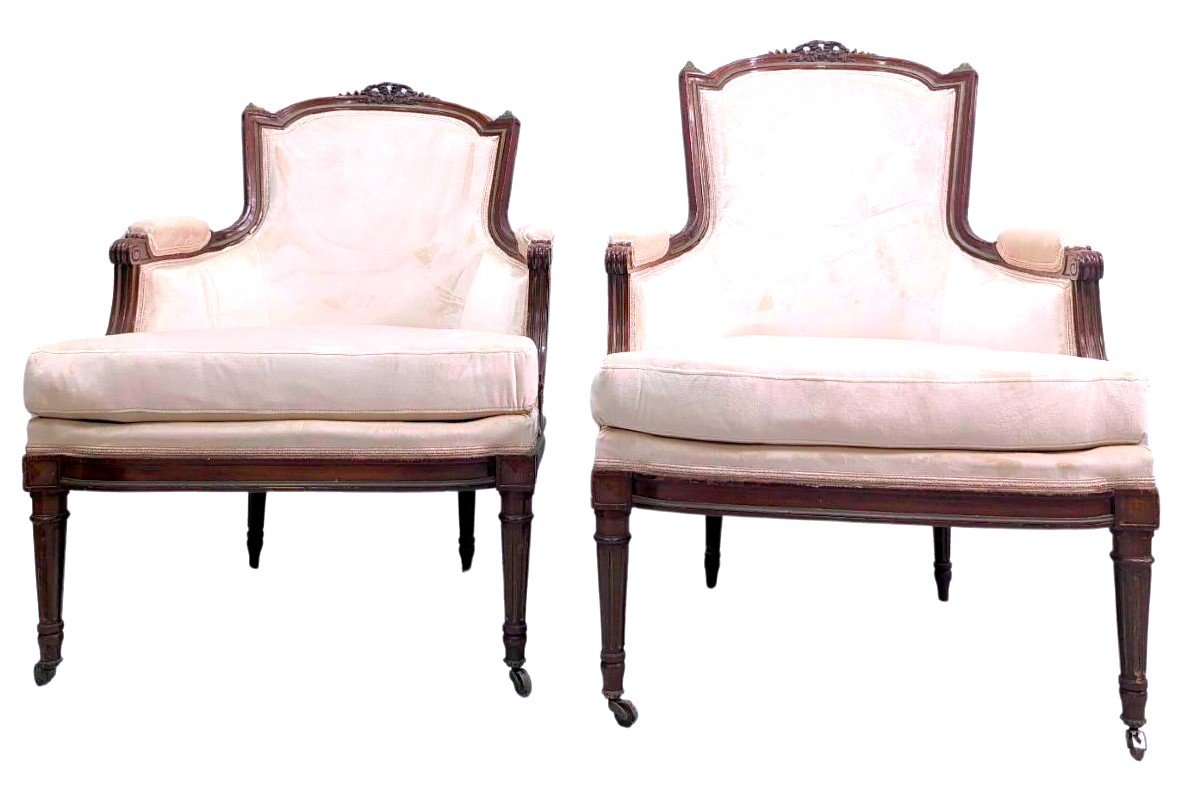 Pair Of Louis XVI Style Bergeres In Mahogany Velvet Reupholstered Late 19th Century 