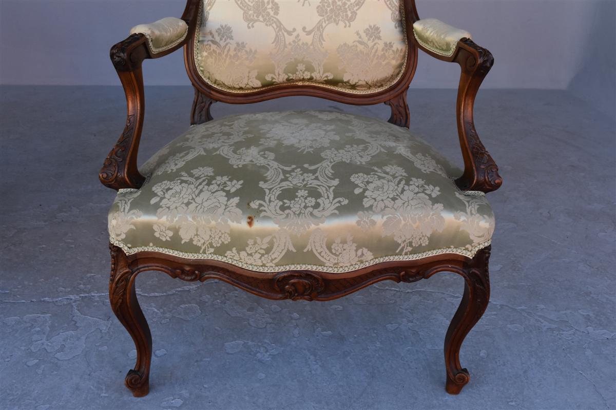 Pair Of Louis XV Style Armchair In Walnut Covered With Silk-photo-3