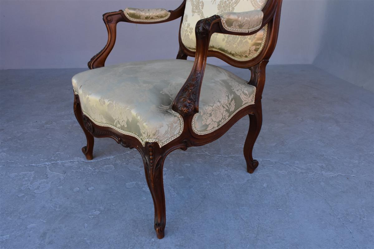 Pair Of Louis XV Style Armchair In Walnut Covered With Silk-photo-3