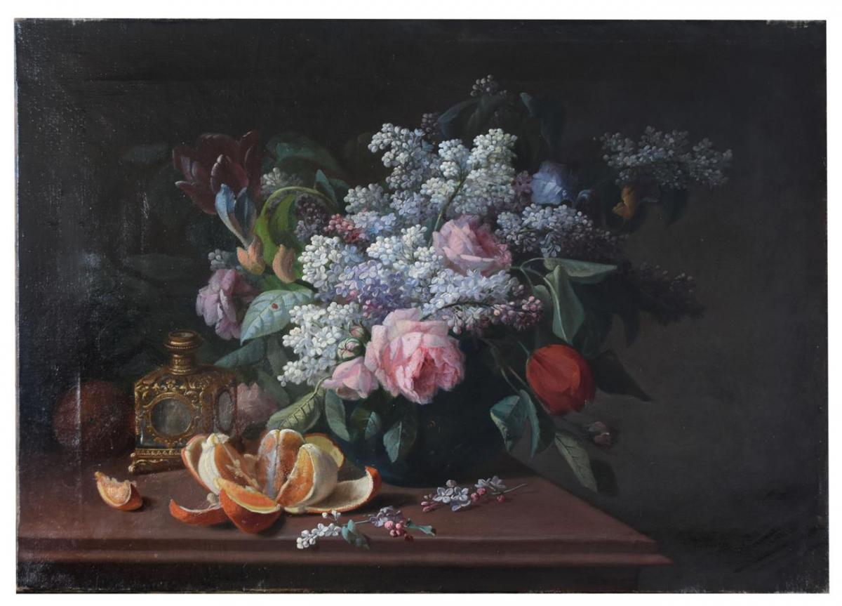 Nature Morte Aux Lilas Et Mandarine Par Pierre  Camille Gontier époque XIXème