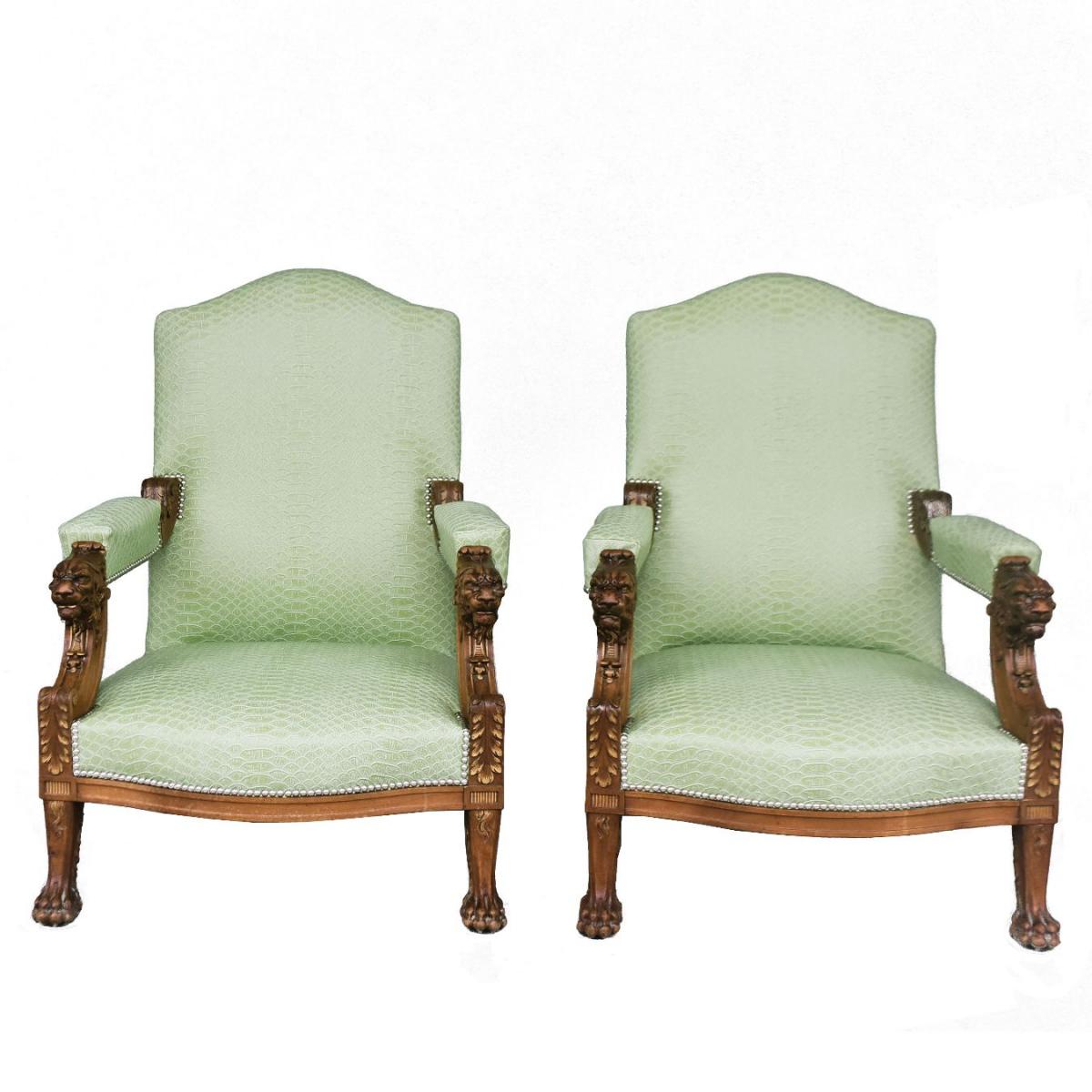 Pair Of Armchairs In Walnut With Lions Feet Claws Late Nineteenth