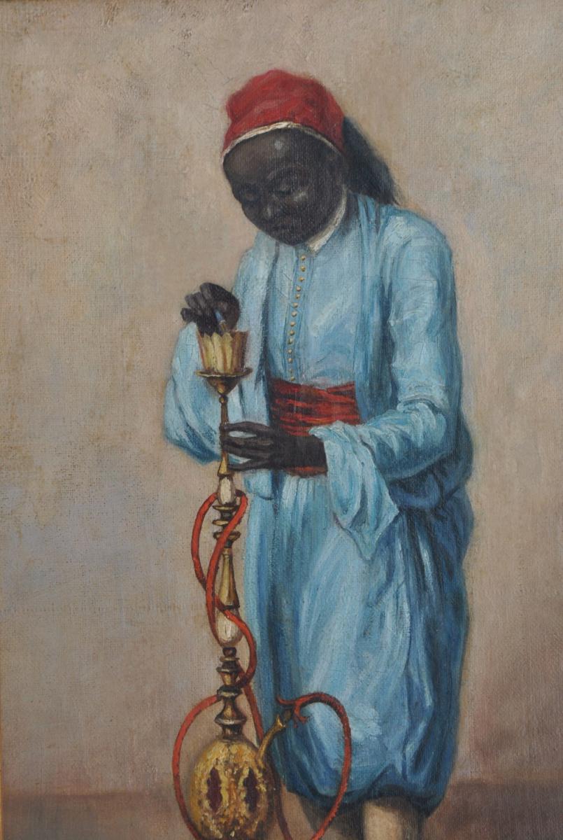Oil On Panel Orientalist Male Shisha XIX Eme-photo-1