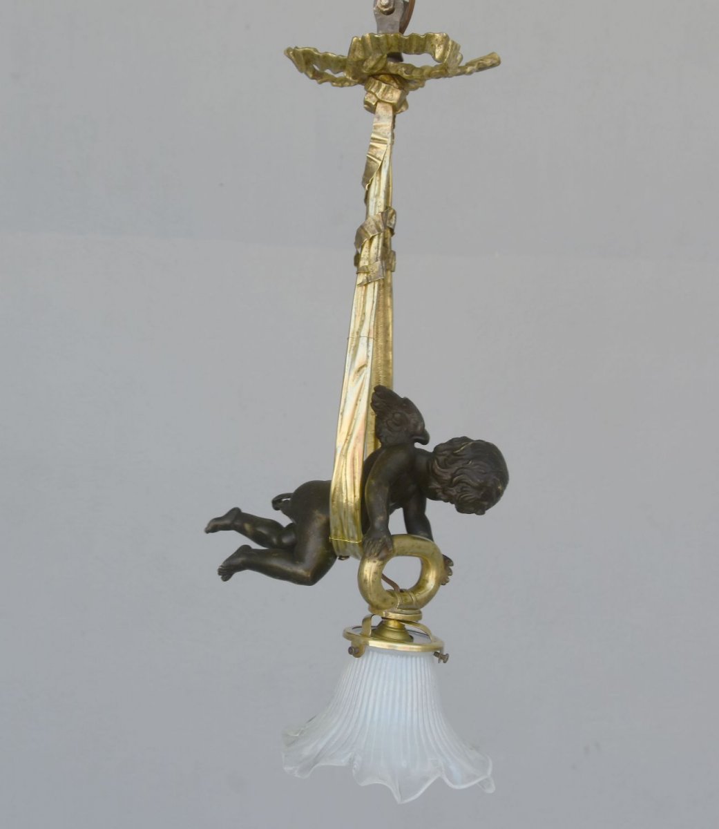 Minuscule Lustre Au Bébé Bronze Doré Napoléon III -photo-2