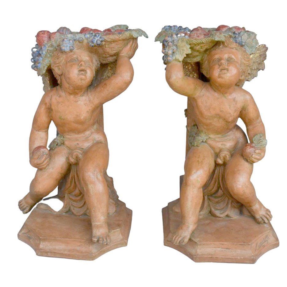 Paire De Bébés Bacchus En Terre Cuite Polychrome