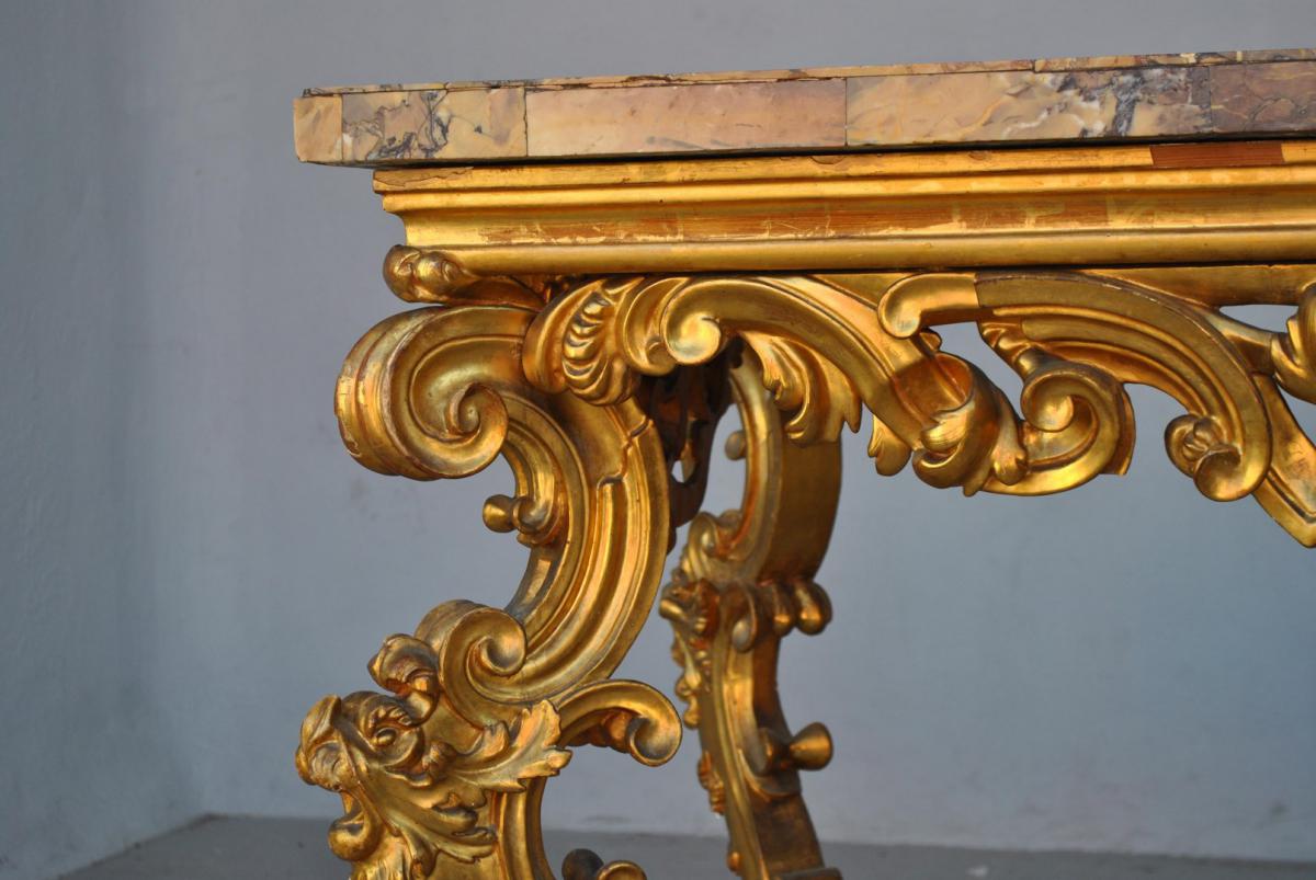 Great Console Rocaille Golden Wood Marble Roman Eighteenth-photo-7