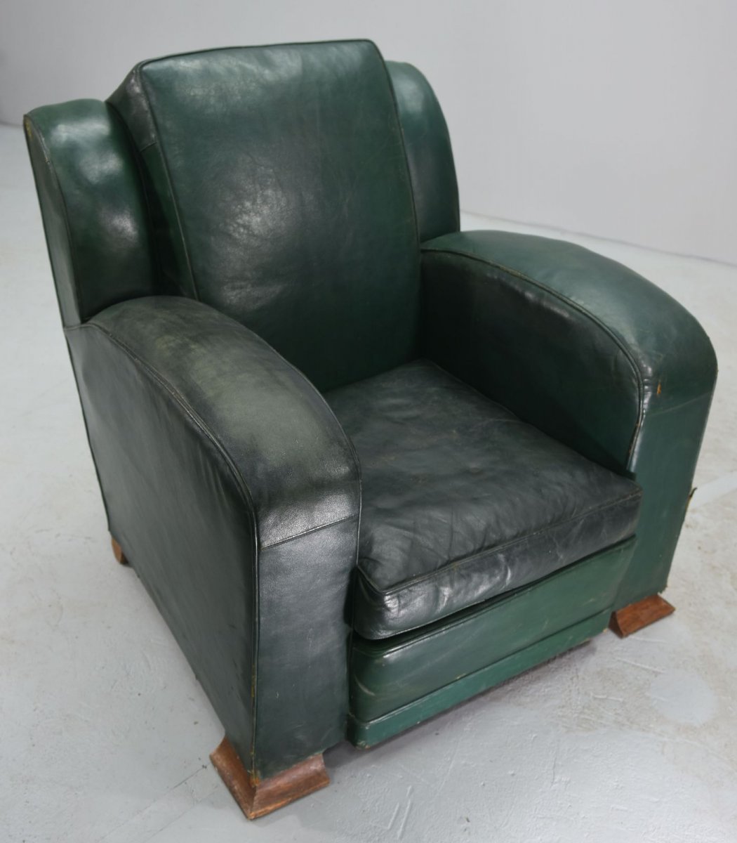 Club Chair In Green Leather Art Deco Period 1940-photo-3