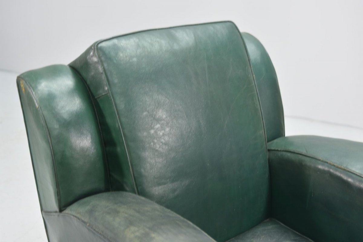 Club Chair In Green Leather Art Deco Period 1940-photo-4