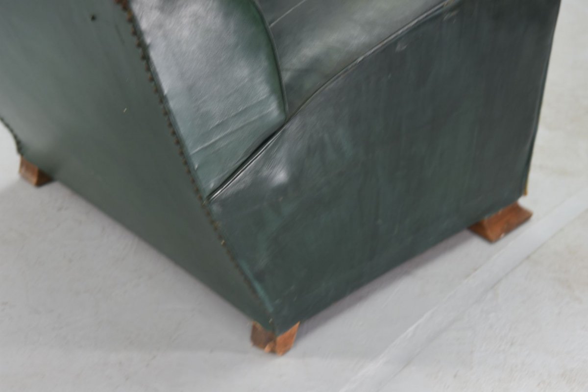 Club Chair In Green Leather Art Deco Period 1940-photo-4