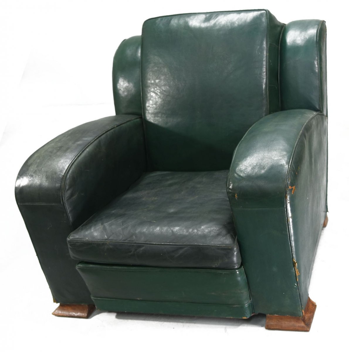 Club Chair In Green Leather Art Deco Period 1940