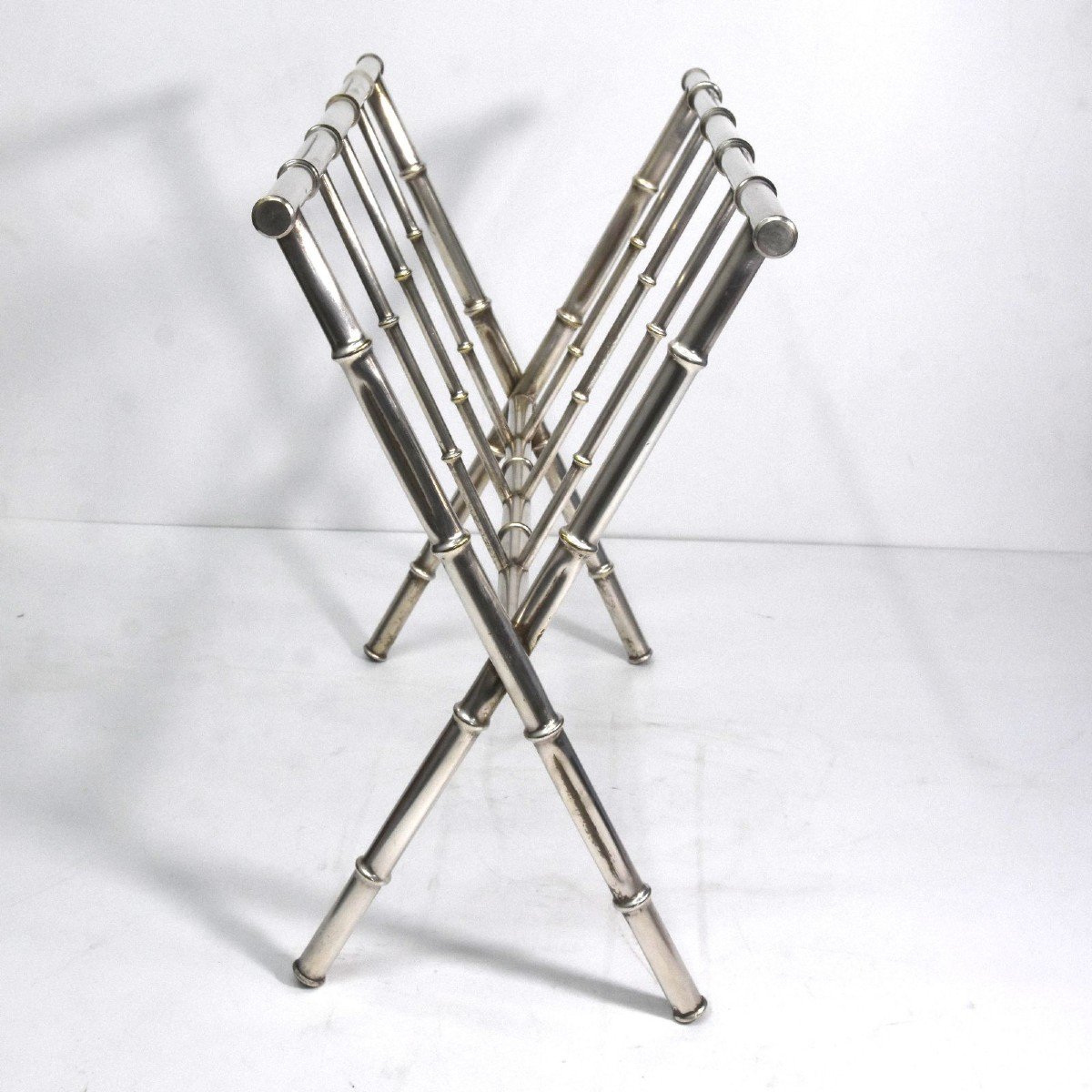 1940 Style Magazine Rack Bamboo In Silver Metal-photo-3