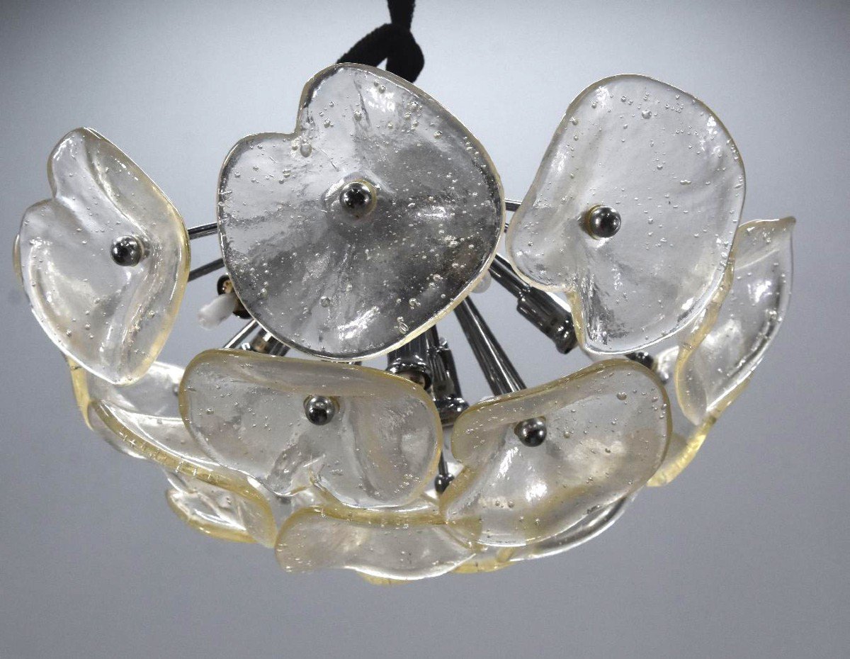 Vintage Italian Design Chandelier In Colored Glass Hemispherical Flowers-photo-3