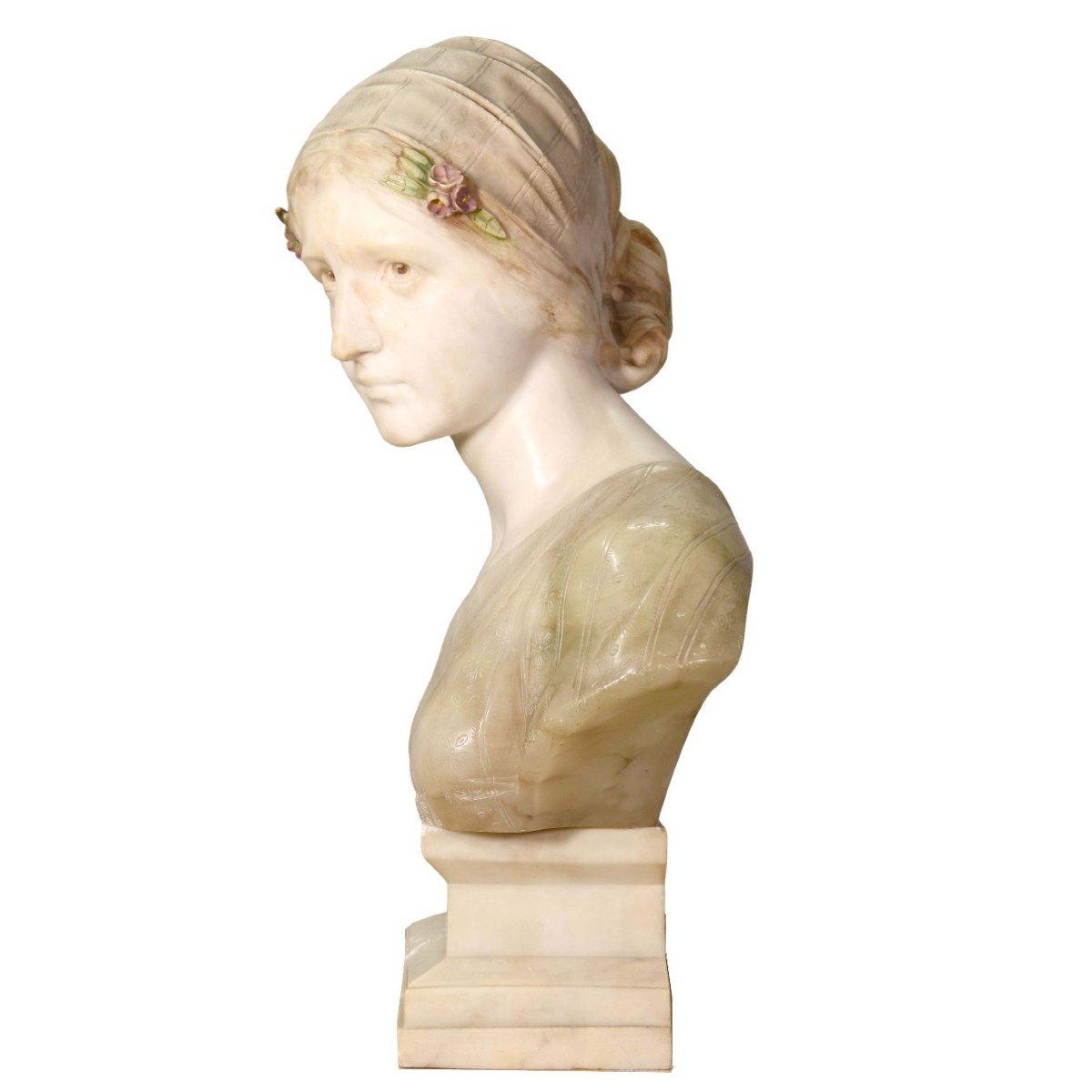 Bust Of Young Woman In Marble And Alabaster-photo-2