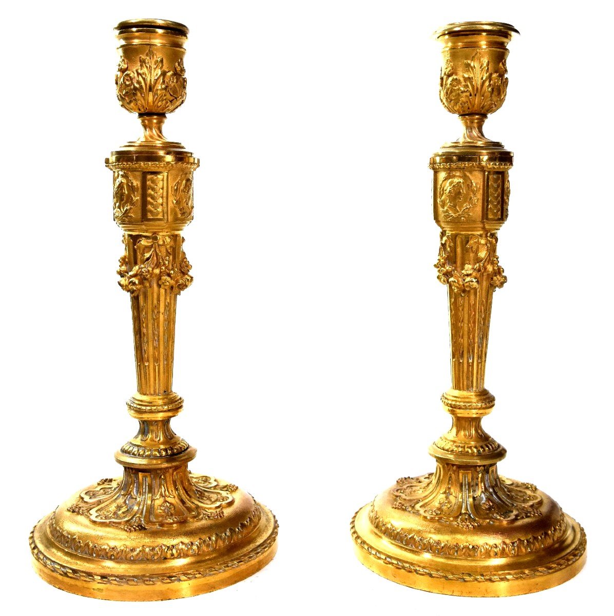 Pair Of Candlesticks In Gilt Bronze With Nineteenth Ornaments