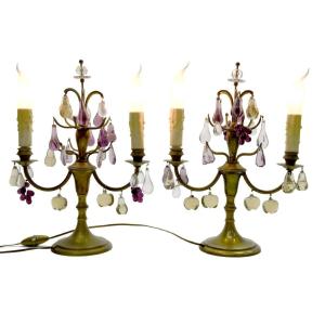 Pair Of Girandoles 2 Brass And Colored Glass Branches Decorated With Fruits