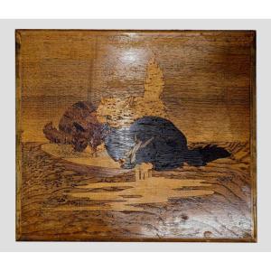 Series Of 4 Inlaid Nesting Tables By émile Gallé Model Decorated With Cats,