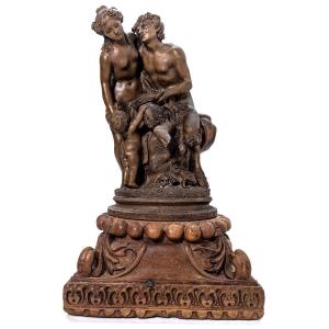 "terracotta Group Of Clodion The Young Girl And The Faun, On Carved Wooden Base
