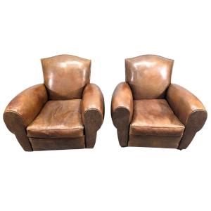 Pair Of Leather Club Armchairs With Round Backs 1940 Beautiful Leather Patina