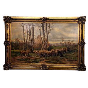 Large Painting 19th Century Pastoral Scene In A Large Frame With Ears