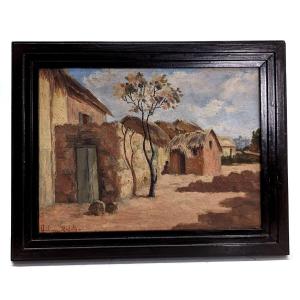 Ambroise Rakoto Oil On Canvas Malagasy Village Street