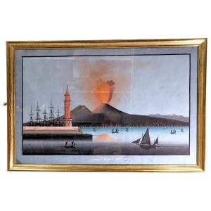 Neapolitan Gouache Eruption Of October 9, 1861 Of Vesuvius, 19th Century