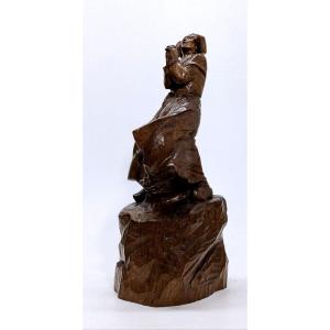 Breton Wooden Sculpture In Prayer Signed Galle 