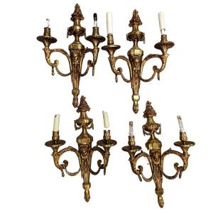 Series Of 4 Louis XVI Style Gilt Bronze Sconces With Flowered Garlands  