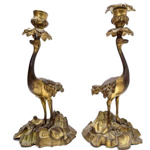 Pair Of 19th Century Gilt Bronze Ostrich Candlesticks  