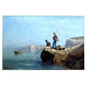 Marine "fishermen By The Sea" By François Gautier, Marseille Painter (1842-1917) 