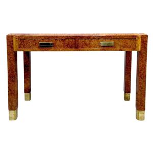 Art Deco Console Desk In Amboyna Burl With Brass Handles And Shoes 